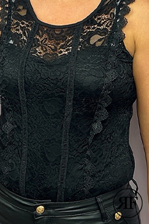 GORGLITTER Elegante bodysuit voor dames, opstaande kraag, oogje, borduurwerk, body met lange mouwen en kanten inzetstuk, zwart, XS